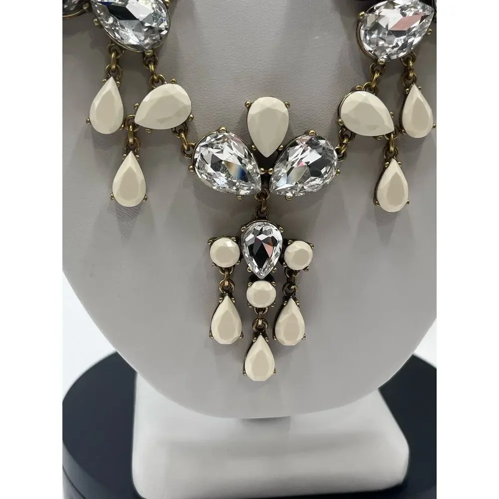 J. Crew Crystal Clear Milky White Gems Black Fringe‎ Adjustable Tie Necklace
